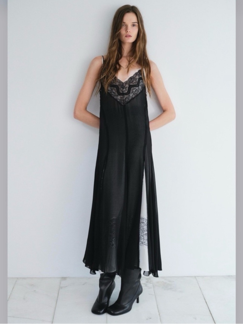 Zara Black Lace-Trim Satin Maxi Slip Dress